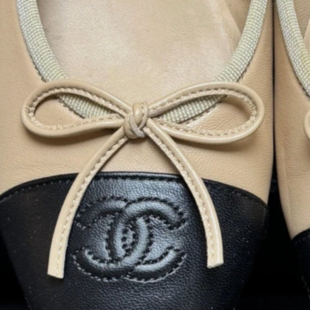 CHANEL Lambskin‎ Ballerina Beige/Black Classic Ballet Flats shoes Size 38 - Picture 5 of 14